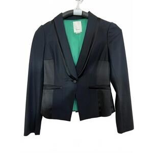 Anthropologie ELEVENSES Black Tuxedo Jacket sz 6 Fitted with Green Satin lining